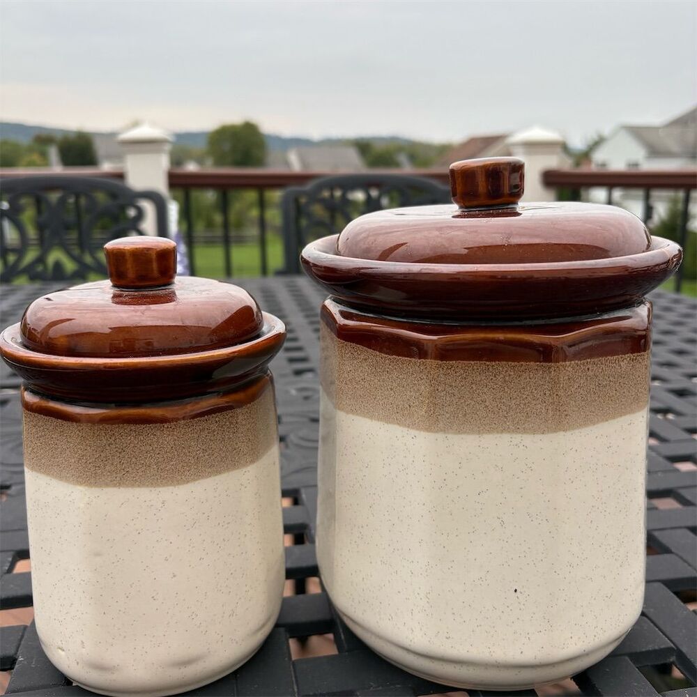 Vintage Brown Glaze Stoneware Crock Canister Set of 2 With Lids - Picture 1 of 8